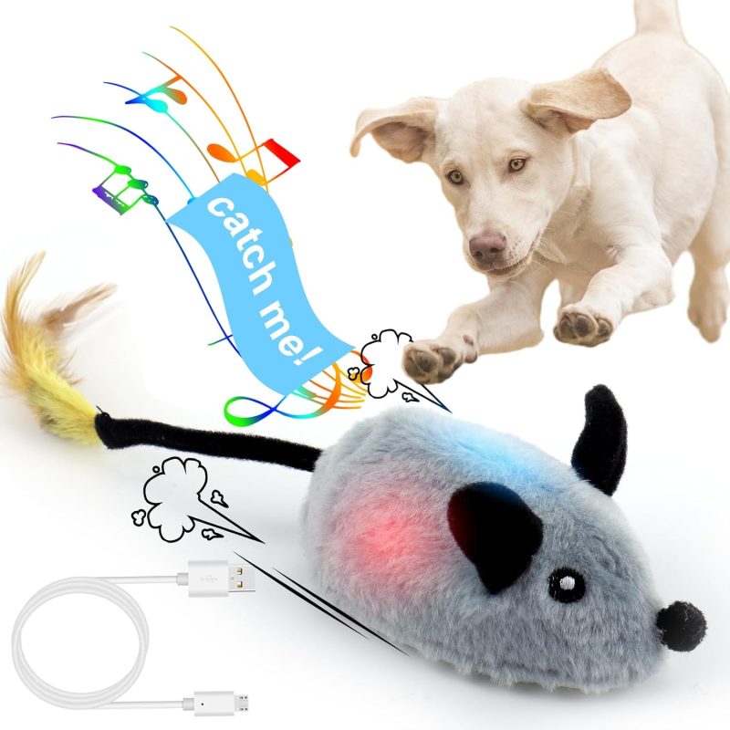 Interactive Escaping Mice Squeaky Toys with Lights & Auto-Turn, Rechargeable Moving Toys for Small/Medium/Large Dogs & Cats (Grey)