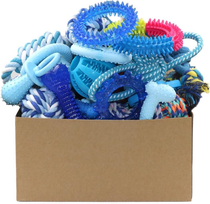 20 Pack Puppy Chew Toys - Blue Dog Teething Toys for Puppies, Puppy Teething Rings and Durable Ropes, Blue Rubber Toy Bundle for Small Dogs, Cute Interactive Dog Balls for Small Breed